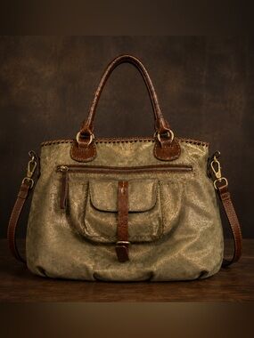 Metallic Leather Boho Satchel Bag Whipstitch Crossbody Carla Mancini made in USA